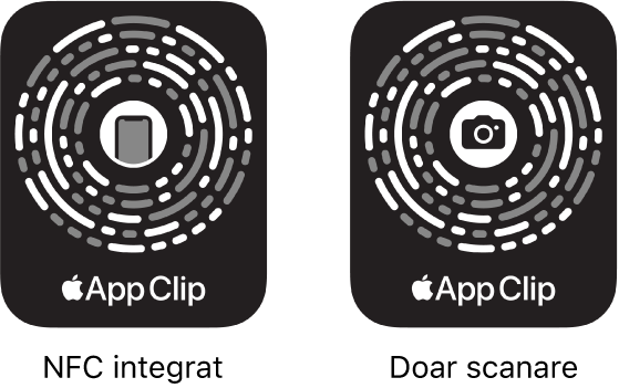 În stânga, un cod App Clip integrat în NFC cu pictograma unui iPhone în centru. În dreapta, un cod App Clip doar pentru scanare cu pictograma unei camere în centru.