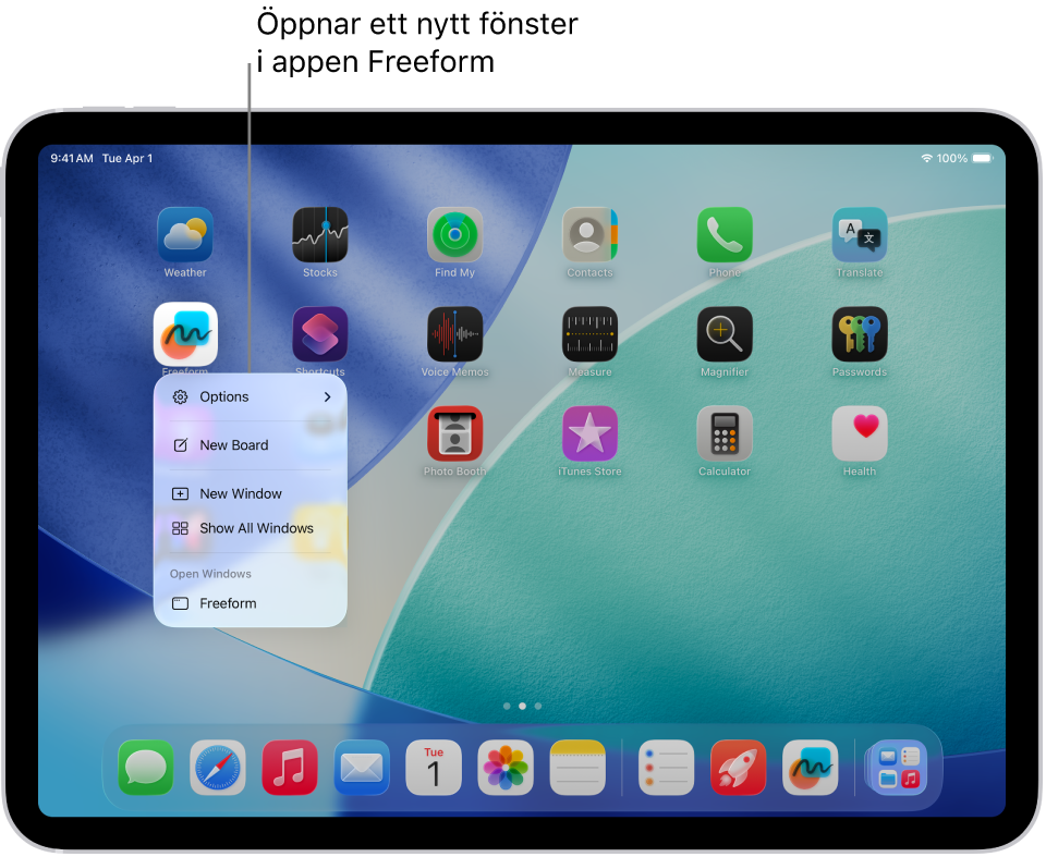 En iPad-hemskärm visar appmenyn för Freeform med en lista med åtgärder du kan utföra, inklusive att öppna ett nytt fönster i appen, skapa en ny tavla, visa alla öppna appfönster och så vidare.