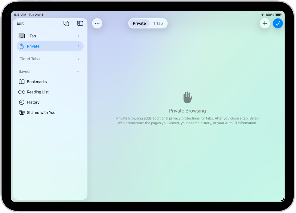แถบด้านข้าง Safari ทางด้านซ้ายของหน้าต่าง Safari เปิดอยู่และส่วนตัวถูกเลือกอยู่ ทางด้านขวาคือตัวอย่างที่ระบุว่า Safari จะไม่จำการท่องเว็บของคุณ