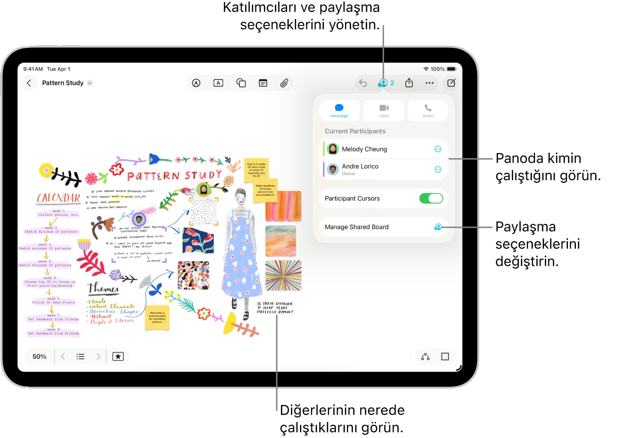 iPad’de ortak çalışma menüsü açık durumda, paylaşılan bir Freeform panosu ve renkli onay işaretleri ile işaretlenmiş panoda başka katılımcıların konumu.