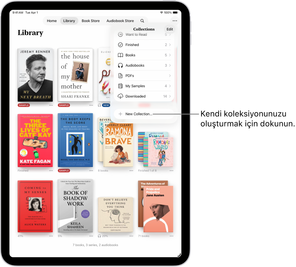 Kitaplar uygulamasında Kitaplık ekranı. Ekranın en üstünde Koleksiyonlar menüsü açık ve Sesli Kitaplar ve PDF’ler gibi seçenekler gösteriliyor.