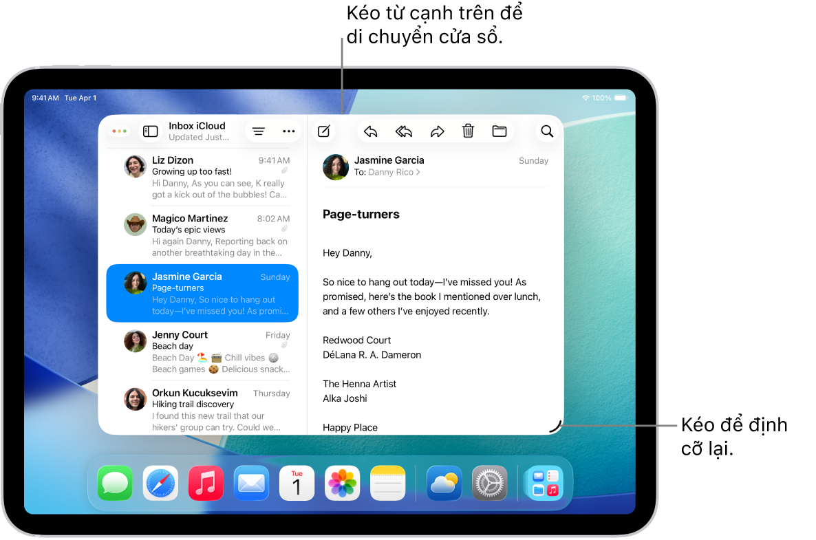 Một ứng dụng có cửa sổ được mở trên màn hình iPad, với điều khiển định cỡ lại ở góc dưới cùng bên phải và menu đa nhiệm ở góc phía trên bên trái