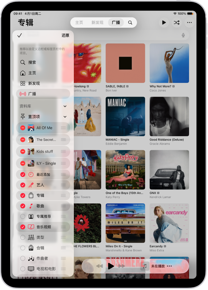 竖排方向下的 iPad，显示用于编辑左侧边栏和屏幕顶部标签页栏的选项。