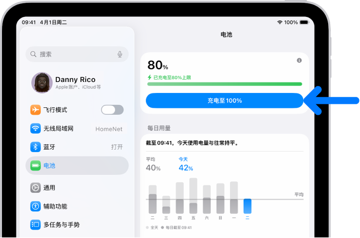 iPad “电池”设置中的充电信息卡片。卡片显示电量 80%，以及信息“已充电至 80% 上限”。按钮提供“充电至 100%”选项。