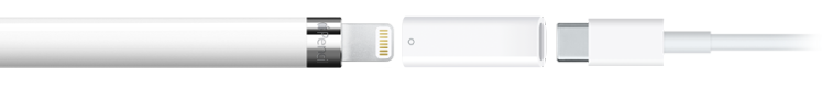 Apple Pencil（第 1 代）连接 USB-C 转 Apple Pencil 转换器。转换器另一端连接 USB-C 充电线。