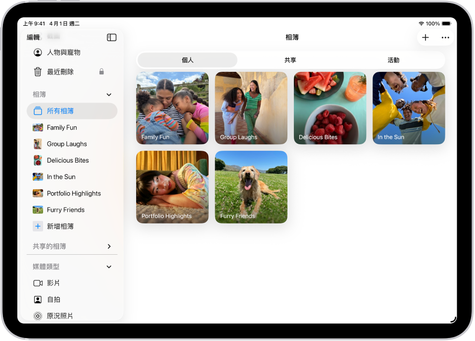 「照片」App 打開到「相簿」。已選取「個人」。iPad 畫面的其餘部分以格狀顯示相簿的縮覽圖。
