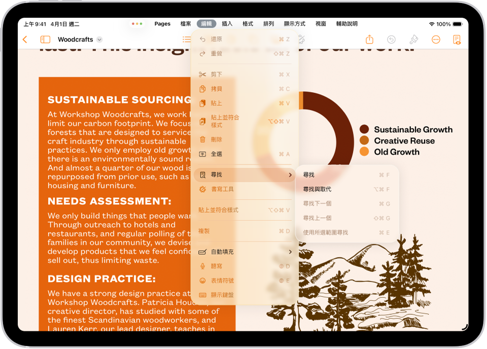 Pages App 已打開，選單列顯示在螢幕最上方。選單列上的「編輯」選單已打開，顯示你可以執行的動作，包含「全選」、「尋找」、「複製」等等。