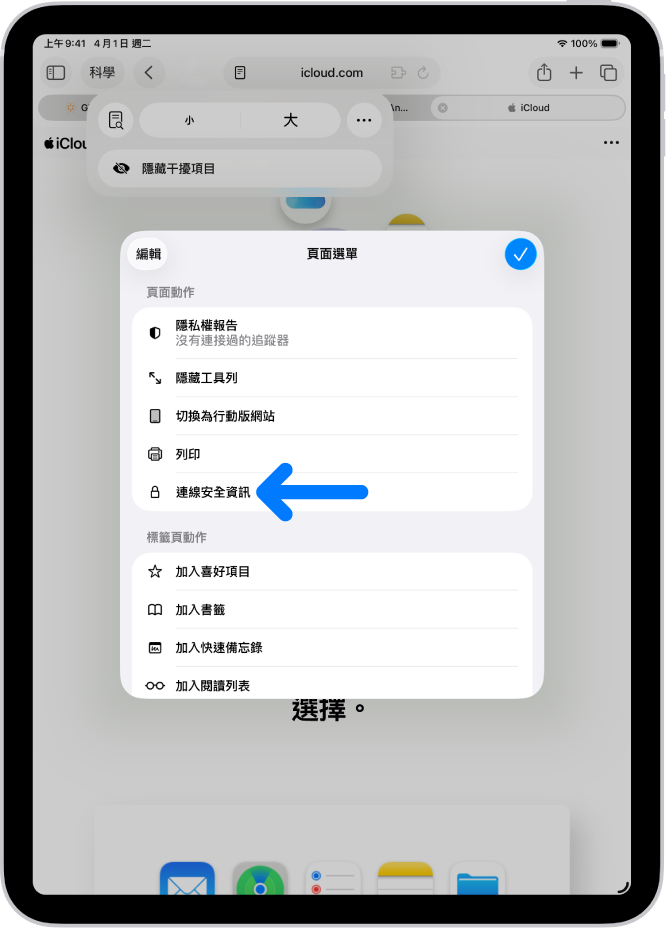 Safari 中的「頁面選單」已打開，「連線安全資訊」控制項目位於頁面中間位置。