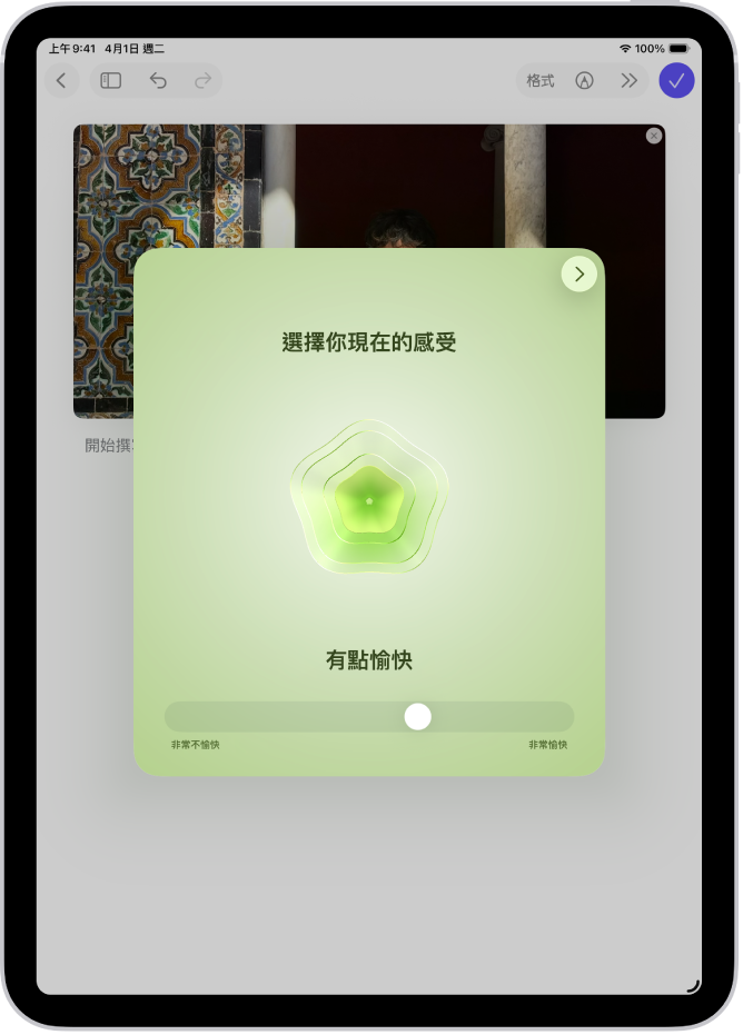 「日誌」App 畫面顯示一個可以記錄心理狀態的方格。