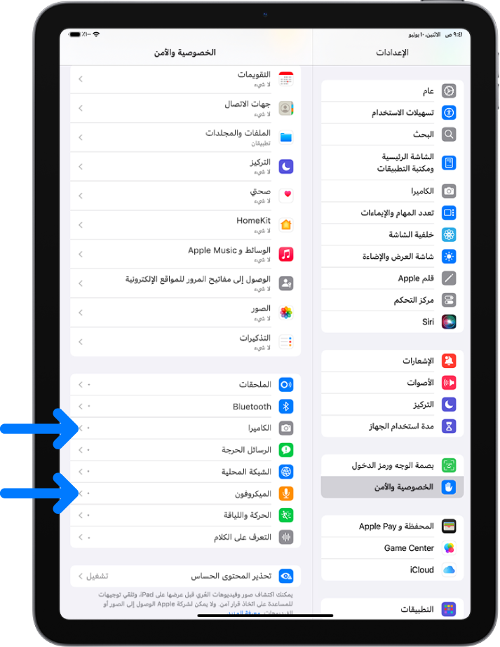شاشة الخصوصية والأمان، التي تحتوي على إعدادات للتحكم في ما إذا كان بإمكان التطبيقات استخدام الكاميرا والميكروفون وأجزاء أخرى من جهاز iPad.