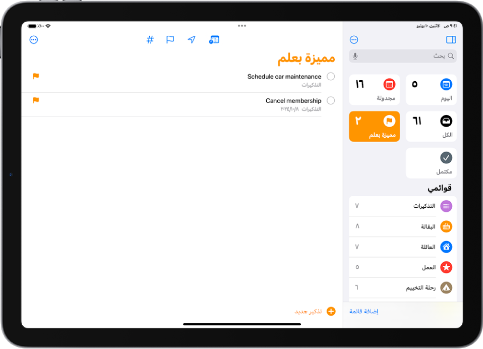شاشة تذكيرات تعرض قائمة ذكية تحتوي على جميع العناصر المحددة.