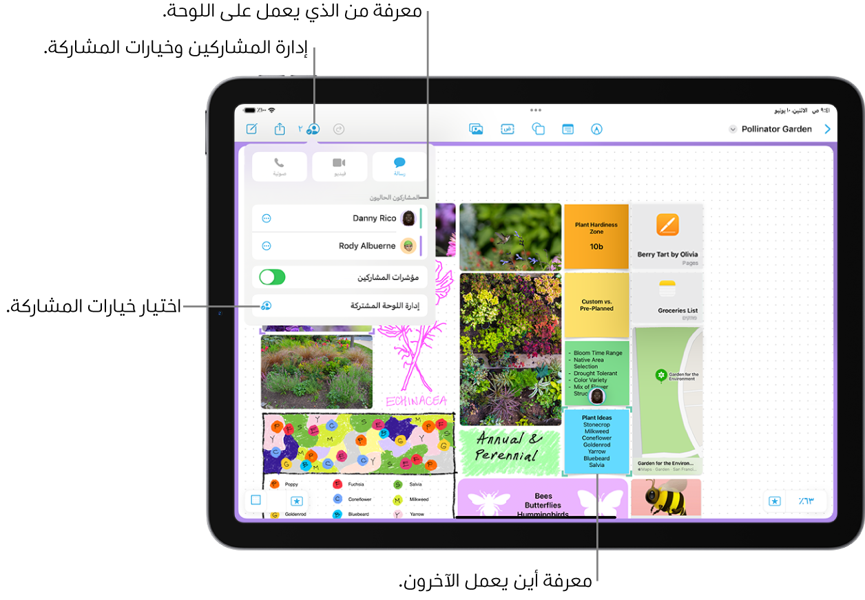 لوحة مشتركة على تطبيق المساحة الحرة على iPad تظهر بها قائمة التعاون مفتوحة وموقع المشارك الآخر على اللوحة مميز بعلامات تحديد أرجوانية.
