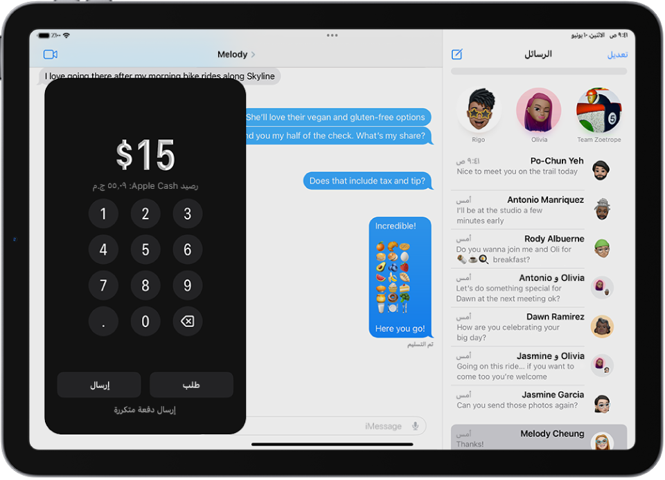 محادثة iMessage يظهر بها Apple Pay مفتوحًا في الجزء السفلي.