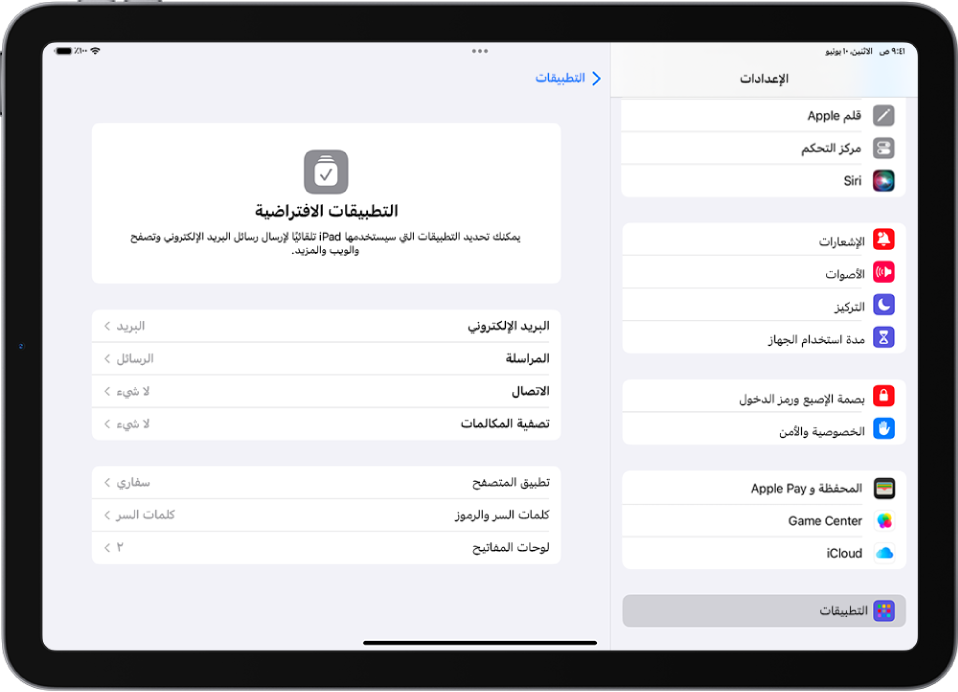 الشاشة المخصصة لتغيير تطبيقاتك الافتراضية لإرسال رسائل البريد الإلكتروني وتصفح الويب والمزيد.