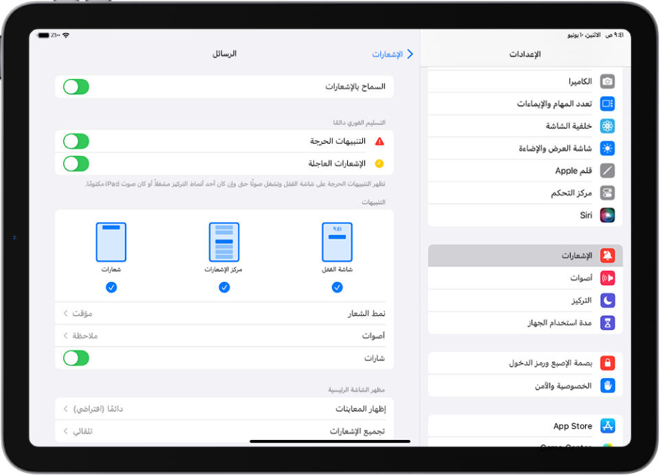 iPad يعرض إعدادات الرسائل للإشعارات والتنبيهات.