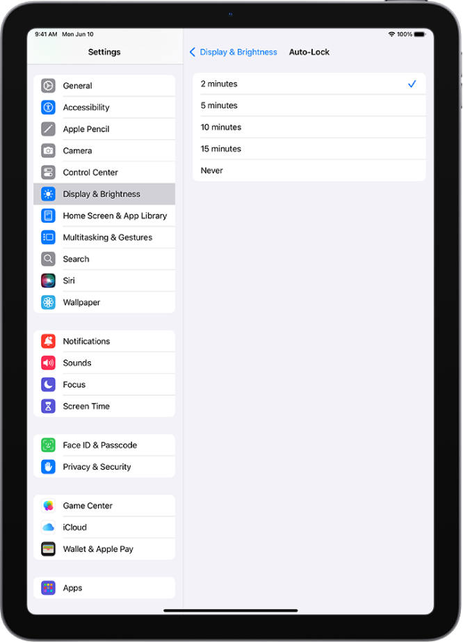অটো-লক স্ক্রিনে, iPad স্বয়ংক্রিয়ভাবে লক হওয়ার আগের সময়কালের সেটিং দেখানো হয়েছে।