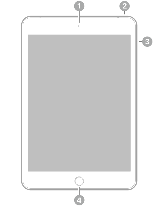 iPad mini-এর সামনের ভিউয়ে উপরের দিকে মাঝখানে সামনের ক্যামেরায় কলআউটসহ উপরের ডানদিকে টপ বাটন এবং ডানদিকে ভলিউম বাটন এবং নিচের দিকে মাঝখানে হোম বাটন/Touch ID রয়েছে।