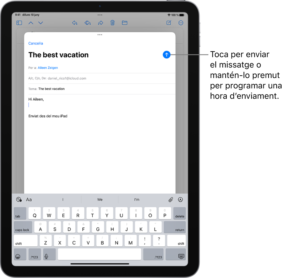 A l’app Mail es veu l’esborrany d’un correu electrònic. El botó per enviar el missatge és a l’angle superior dret. Toca per enviar el missatge o mantén premut per programar una hora d’enviament.