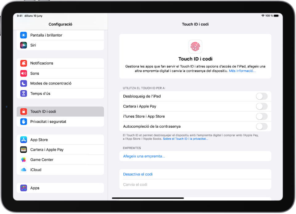 Una pantalla amb la configuració del Touch ID i codi i opcions per afegir una empremta i activar el codi.