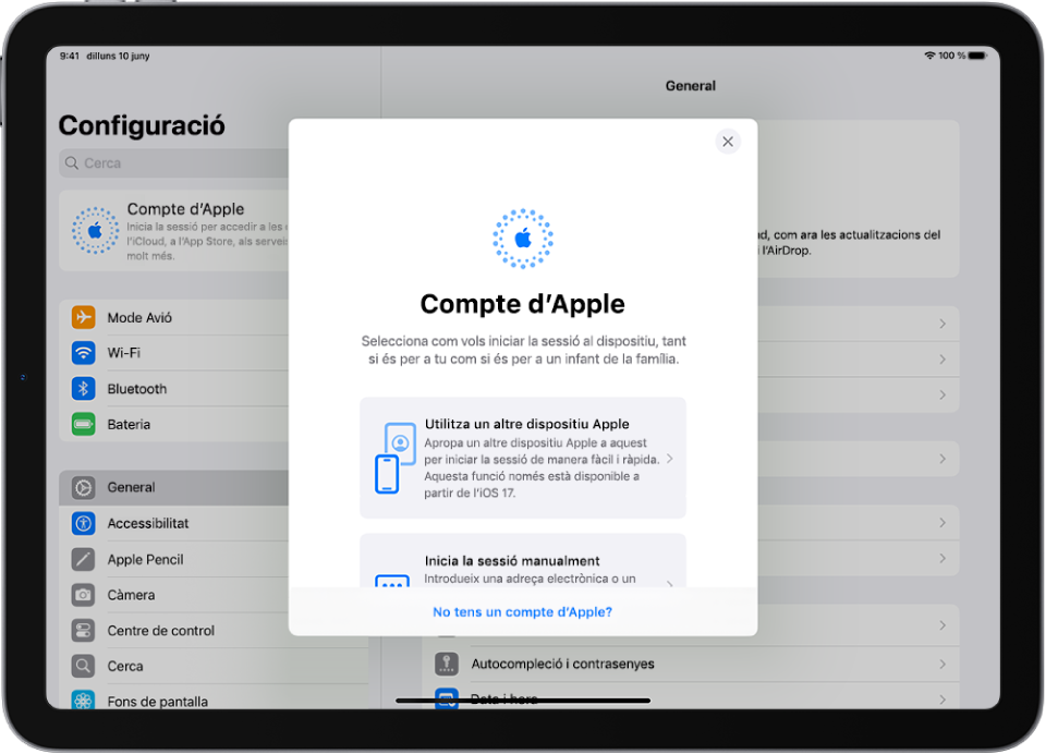 La pantalla de configuració, amb el quadre de diàleg per iniciar la sessió amb compte d’Apple al mig.