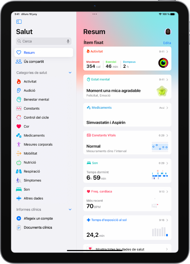 Pantalla de resum de l’app Salut. La informació sobre l’activitat, estat d’ànim, constants vitals, son, freqüència cardíaca i exposició al sol apareix a la secció “Fixades”.