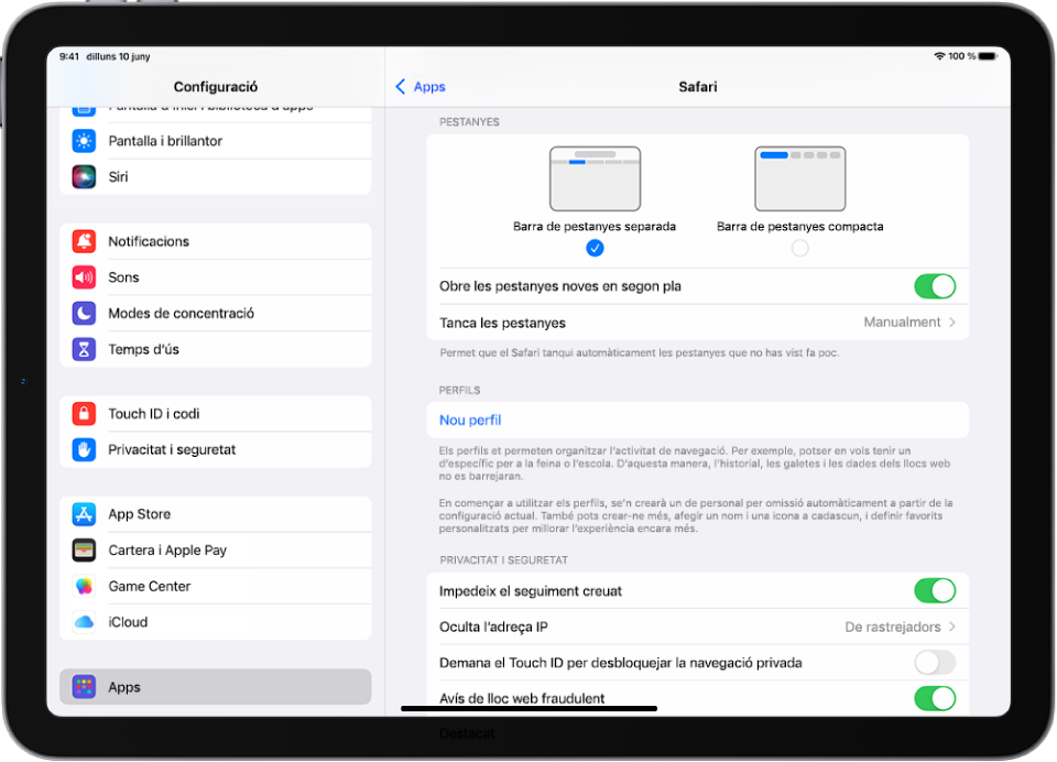 La finestra de l’app Configuració amb (a l’esquerra) l’opció “Apps” seleccionada a la barra lateral i (a la dreta) un tauler del Safari amb opcions per fer servir pestanyes a la part superior.