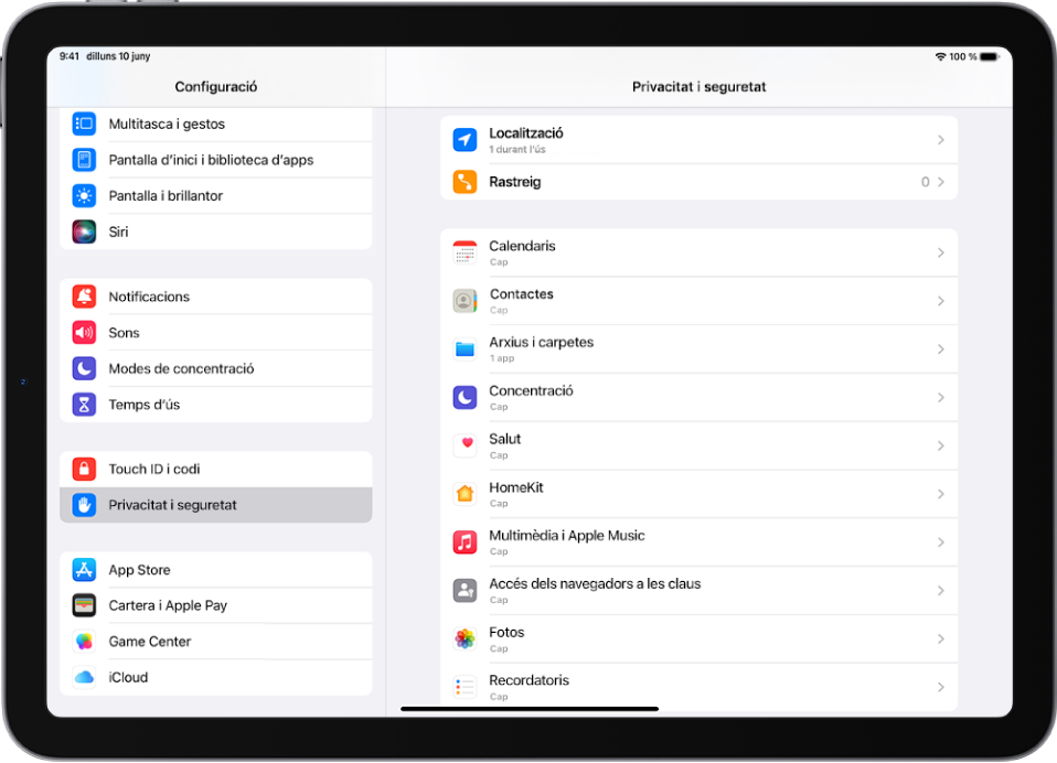 La pantalla “Privacitat i seguretat”.