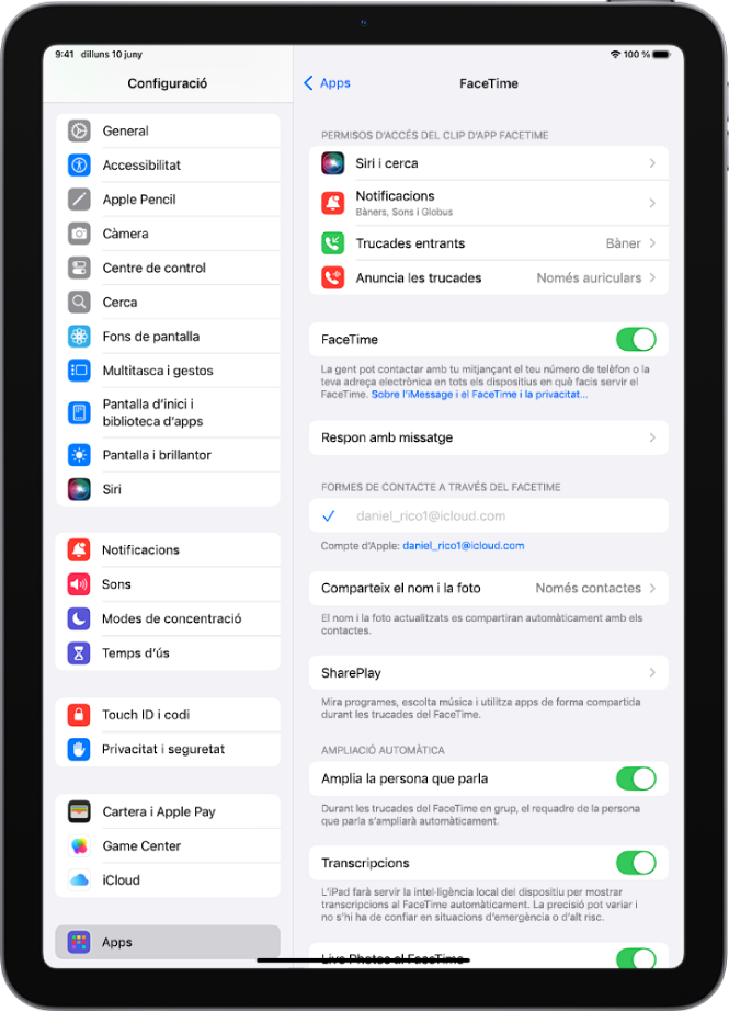 La pantalla de configuració del FaceTime amb el control per activar o desactivar el FaceTime i el compte d’Apple que s’està fent servir per al FaceTime.
