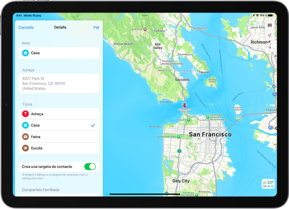 L’app Mapes mostra la pantalla d’informació amb les opcions per definir una adreça com a casa, feina o escola.