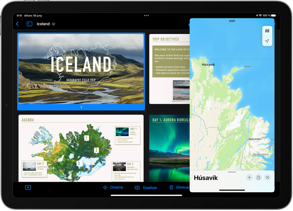 L’app Keynote ocupa tota la pantalla. L’app Mapes està oberta en una finestra de l’Slide Over a la part dreta de la pantalla.