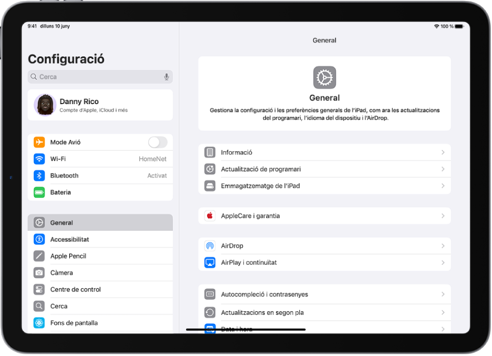 Pantalla d’inici de l’iPad amb diverses icones d’apps, inclosa la de l’app Configuració, que pots tocar per canviar el volum del so, la brillantor de pantalla i molts paràmetres més de l’iPad.