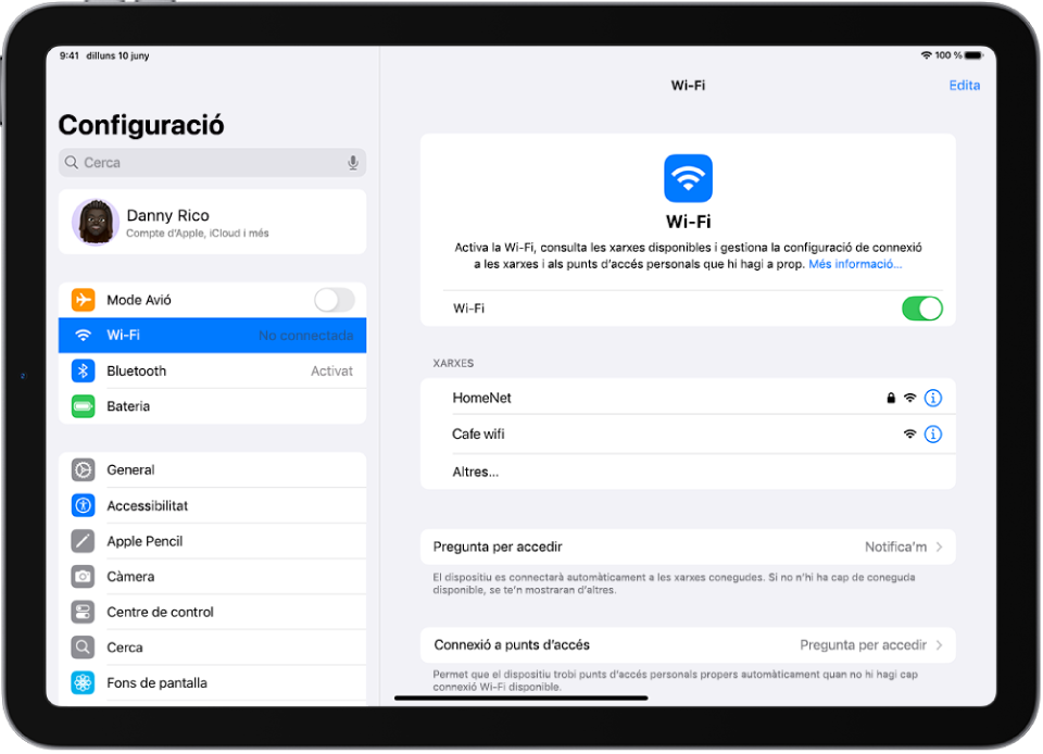 La pantalla de la configuració amb les xarxes Wi‑Fi disponibles.