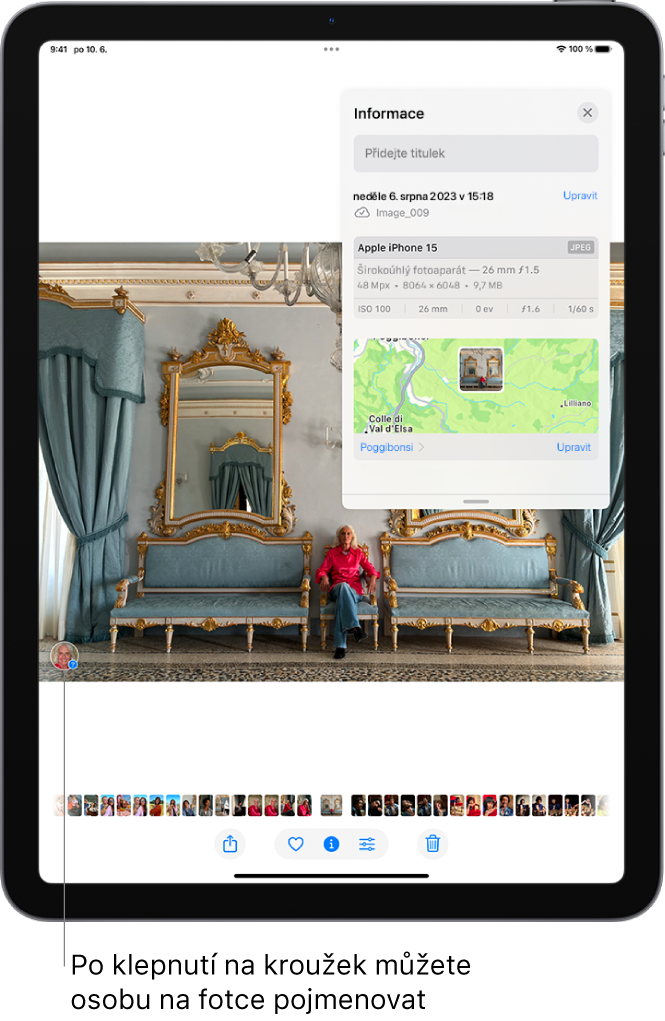 V aplikaci Fotky je vidět otevřená fotka. Přes fotku se zobrazují metadata zahrnující shora dolů datum a čas pořízení fotky, název souboru, model iPhonu, nastavení fotoaparátu a mapu místa, kde byla fotka pořízena.