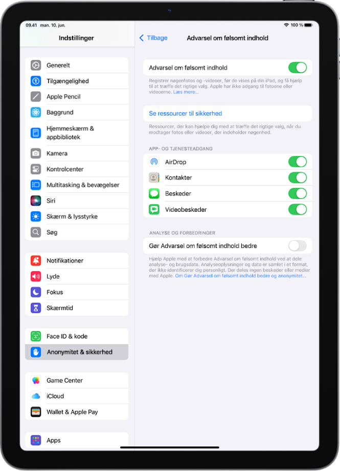 Indstillingerne til Advarsel om følsomt indhold med knappen Se ressourcer til sikkerhed og knappen Forbedring af Advarsel om følsomt indhold til deling af analyse- og brugsdata med Apple.