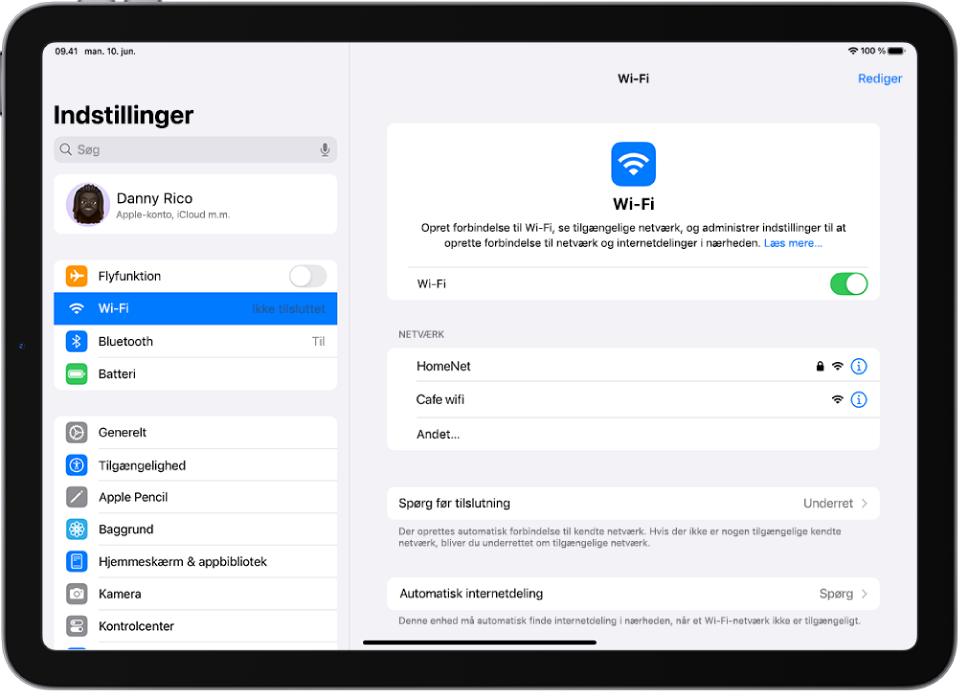 Skærmen Indstillinger, der viser tilgængelige Wi-Fi-netværk.