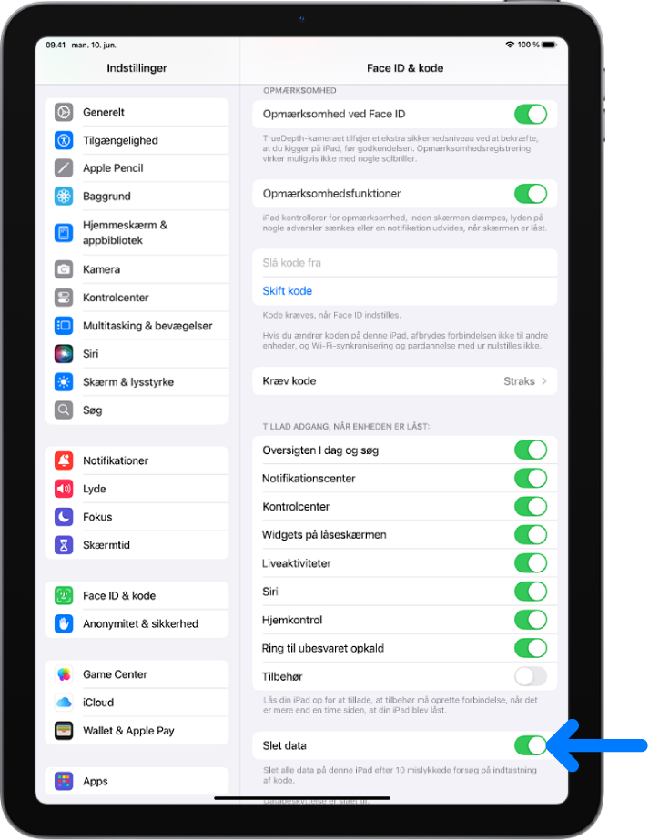 Knappen Slet data, der findes nederst på skærmen Face ID & kode i Indstillinger.