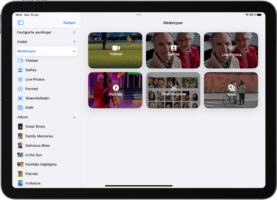 Medietyper er åben i appen Fotos med samlinger af videoer, selfies, Live Photos, portrætter m.m.