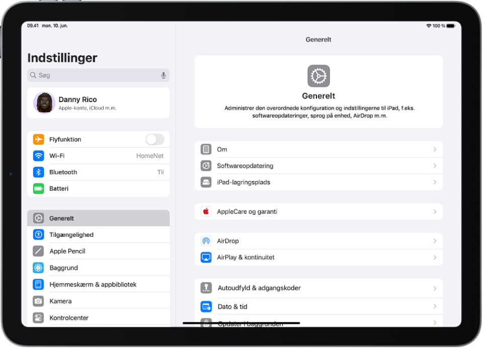 Hjemmeskærmen på iPad med adskillige symboler, herunder symbolet for appen Indstillinger, som du kan trykke på for at ændre lydstyrken, skærmens lysstyrke m.m. på din iPad.
