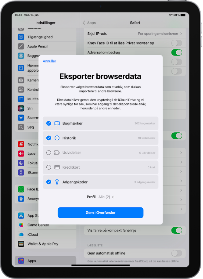 Skærmen Eksporter browserdata, som viser de data, der kan eksporteres fra Safari til en anden browser.