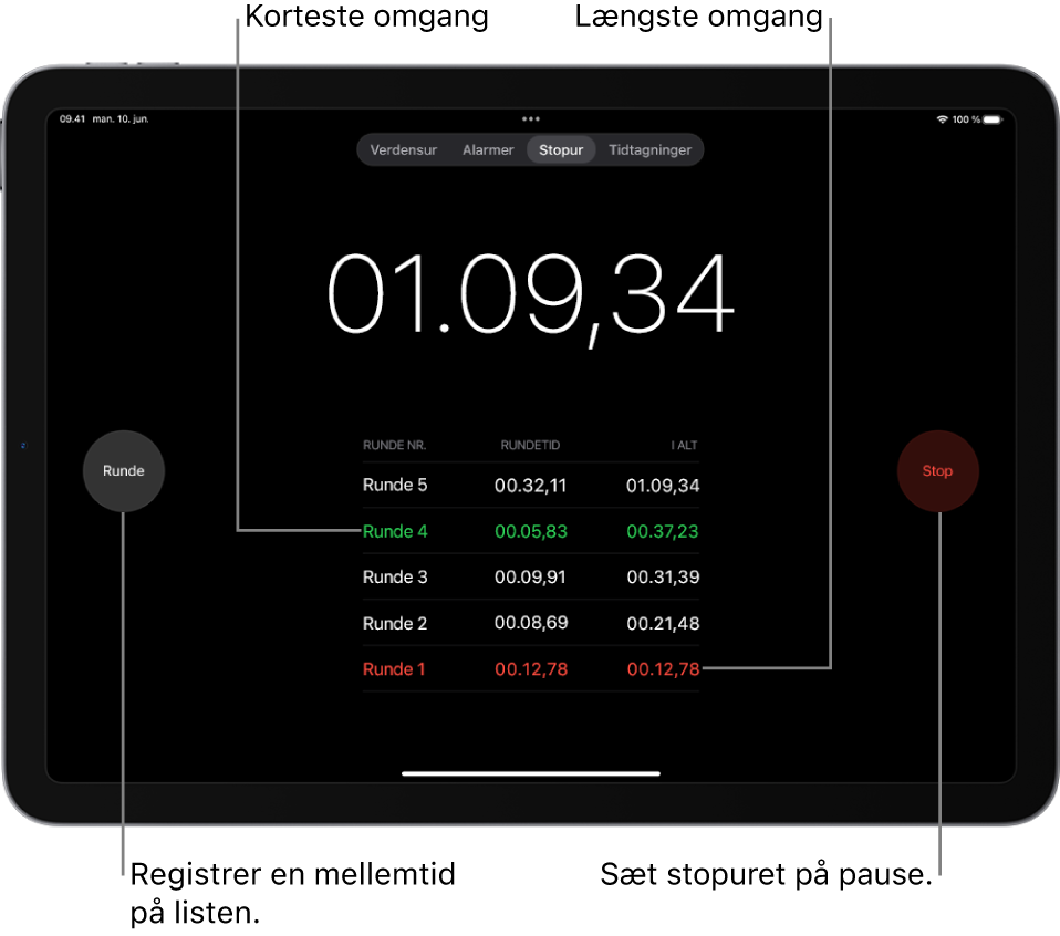 Et stopur i appen Ur viser den samlede tid, der er gået i en begivenhed, og under stopuret vises flere omgange anført i begivenheden.