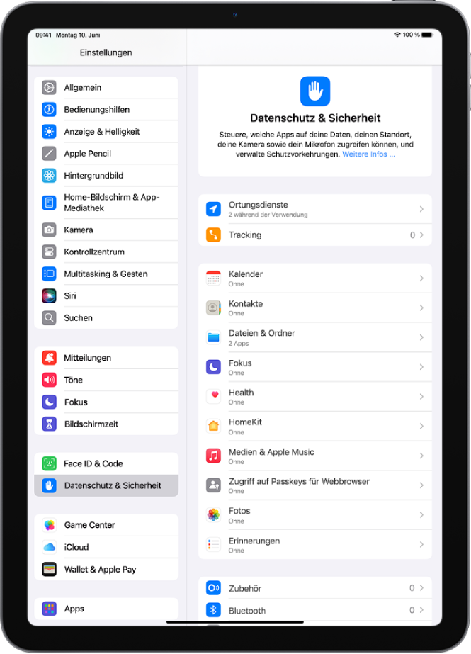 Der Bereich „Ortungsdienste“ in den Einstellungen „Datenschutz & Sicherheit“ mit Optionen für die Freigabe des Standorts deines iPad und Einstellungsoptionen für einzelne Apps.