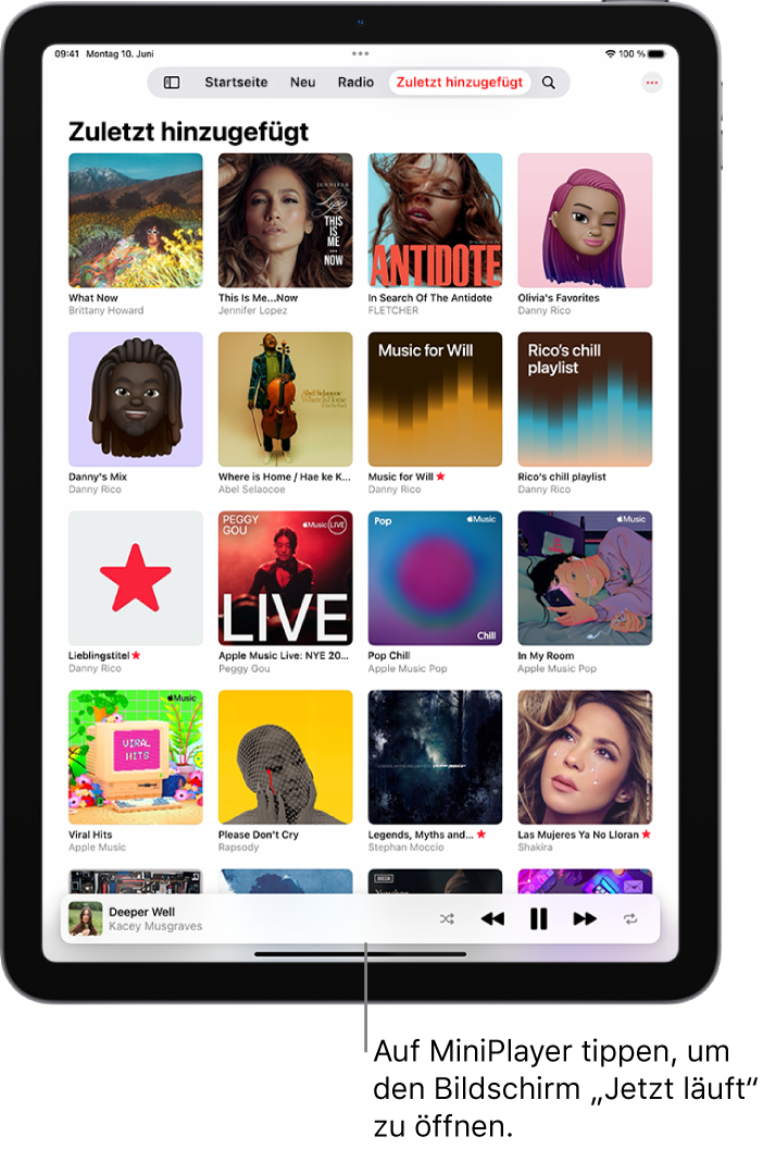 Der Bildschirm „Zuletzt hinzugefügt“ in der Mediathek zeigt den Mini-Player im unteren Bereich. Der Mini-Player zeigt den Namen des aktuell wiedergegebenen Titels an. Die Tasten „Pause“ und „Nächster Titel“ befinden sich rechts vom Namen des Titels.