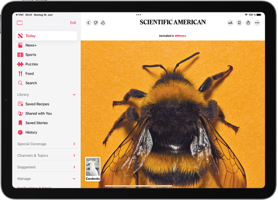 Eine Story eines Magazins in Apple News+ mit einer Miniatur des Magazins in der linken unteren Ecke. In der Seitenleiste auf der linken Seite ist „Today“ hervorgehoben.