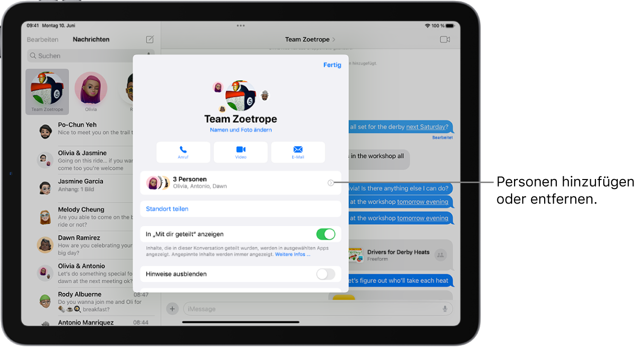 Ein iPad mit den Konversationsinfos für eine Gruppe.