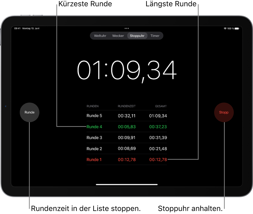 Eine Stoppuhr in der App „Uhr“ zeigt die insgesamt verstrichene Zeit für ein Ereignis an und darunter sind mehrere Runden innerhalb dieses Ereignisses aufgelistet.