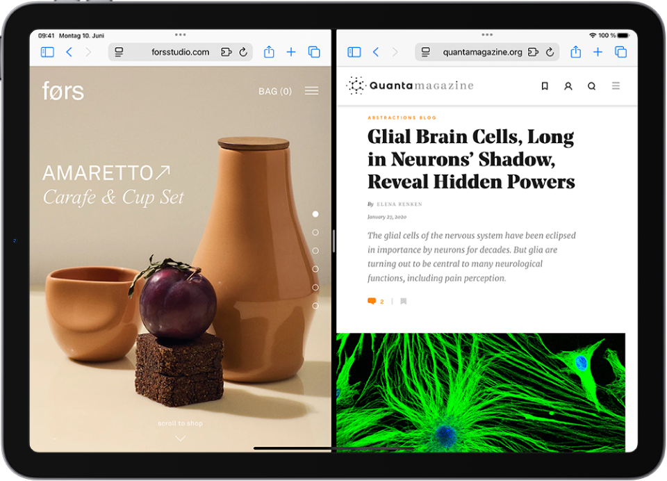 Der Bildschirm zeigt zwei verschiedene Webseiten, die durch eine anpassbare Trennlinie getrennt sind. Oben auf beiden Webseiten ist das Symbol für die Multitasking-Steuerelemente.