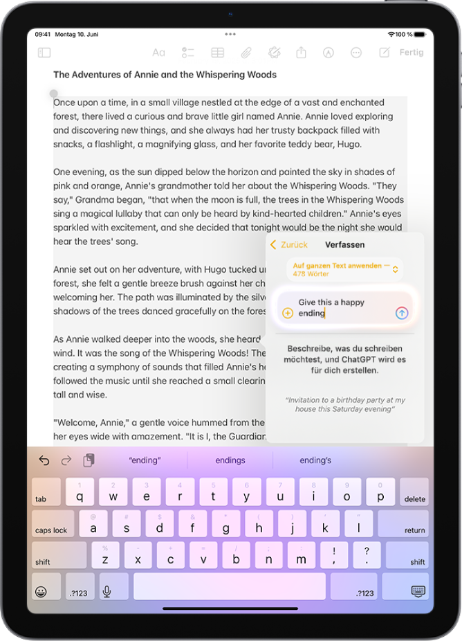 Ein iPad zeigt eine Geschichte, die in der App „Notizen“ geschrieben wird. Rechts auf dem Bildschirm befindet sich der Dialog „Mit den Schreibtools erstellen“, der Optionen zum Beschreiben einer Änderung, Auswählen der ChatGPT-Vorschläge und mehr enthält.