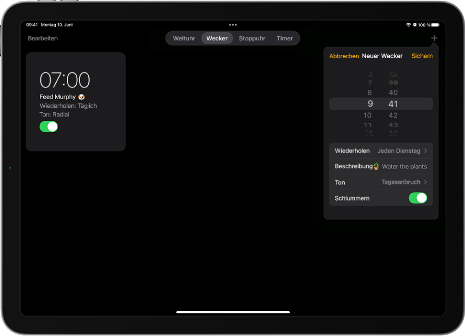 Der Tab „Wecker“ in der App „Uhr“ mit Einstellungen zum Festlegen der Uhrzeit und Optionen zum Auswählen der Wiederholung, Eingeben einer Beschreibung, Auswählen eines Tons und Aktivieren der Schlummerfunktion.
