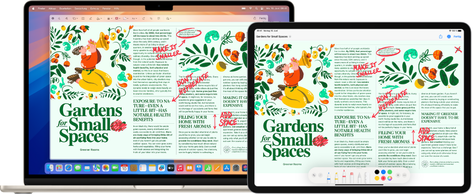 Ein MacBook Air und ein iPad befinden sich nebeneinander. Auf beiden Bildschirmen ist ein Artikel zu sehen, der mit gezeichneten, roten Annotationen versehen ist, z. B. durchgestrichene Sätze, Pfeile und eingefügte Wörter. Auf dem iPad sind unten außerdem die Markierungswerkzeuge zu sehen.