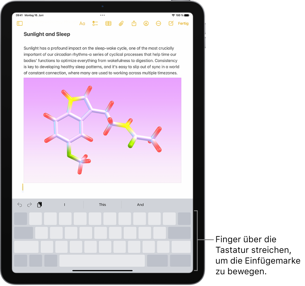 Ein Dokument ist in der App „Notizen“ geöffnet. Die Bildschirmtastatur befindet sich in der unteren Bildschirmhälfte und ist im „Trackpad-Modus“.